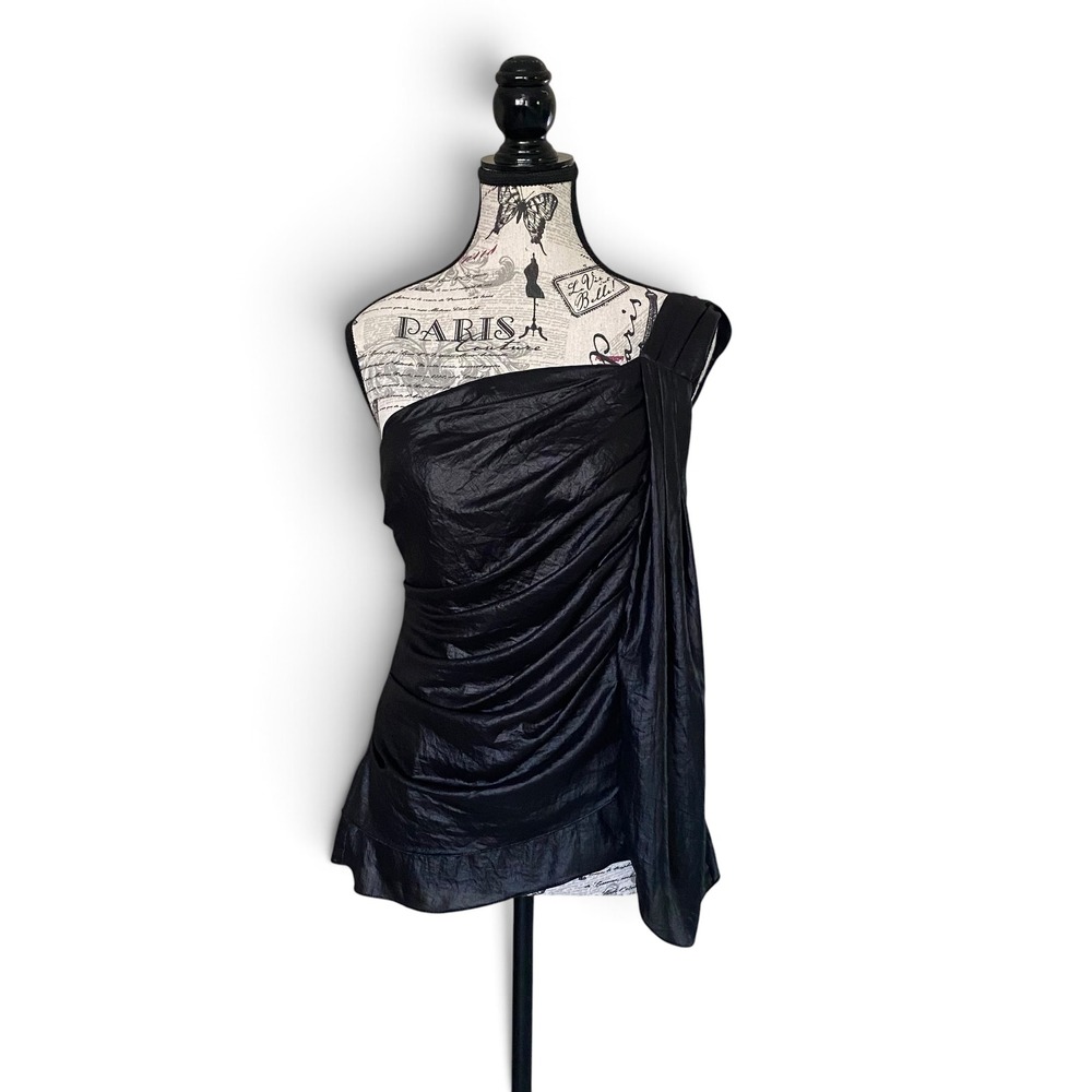 BCBGMAXAZRIA One Shoulder Top Women 4 Black Ruched Draped Asymmetrical